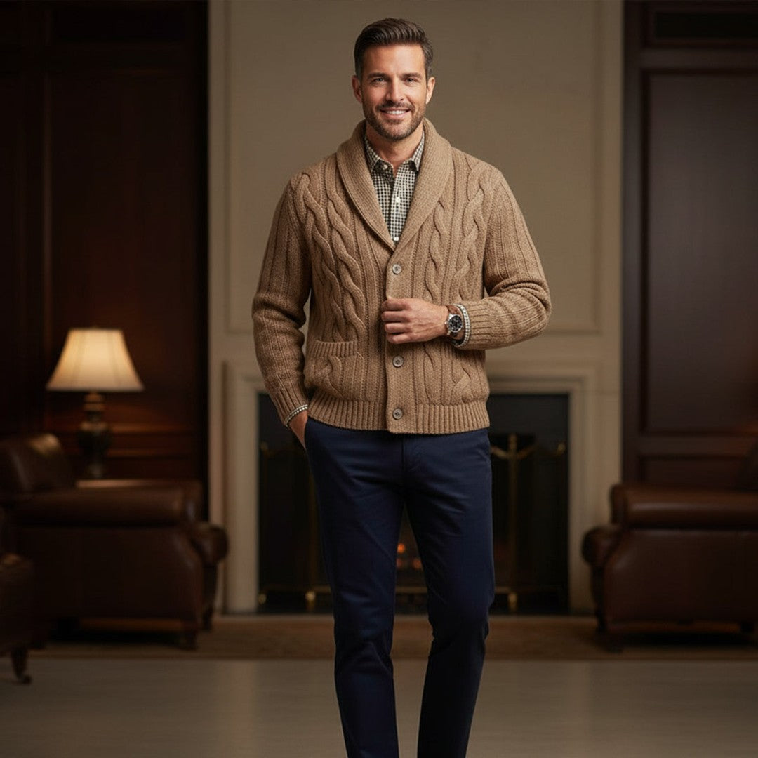 Braided Cable Shawl Collar Cardigan with Patch Pockets