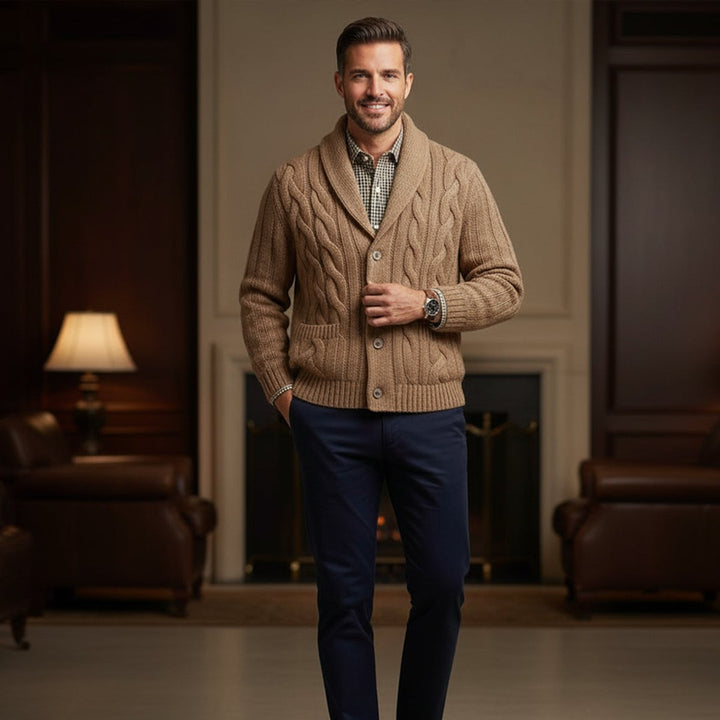 Braided Cable Shawl Collar Cardigan with Patch Pockets