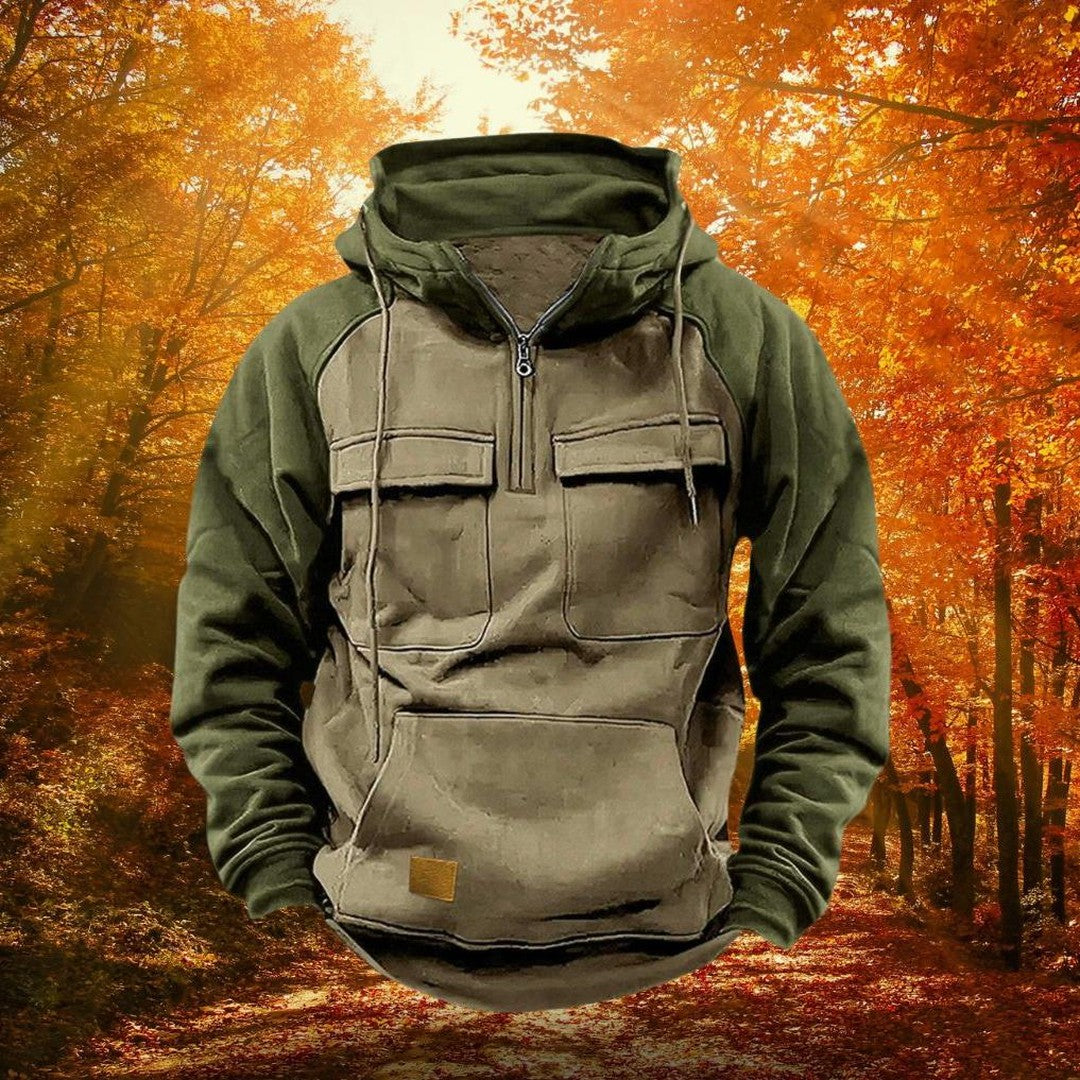 Colour-Block Quarter-Zip Hoodie with Flap Pockets