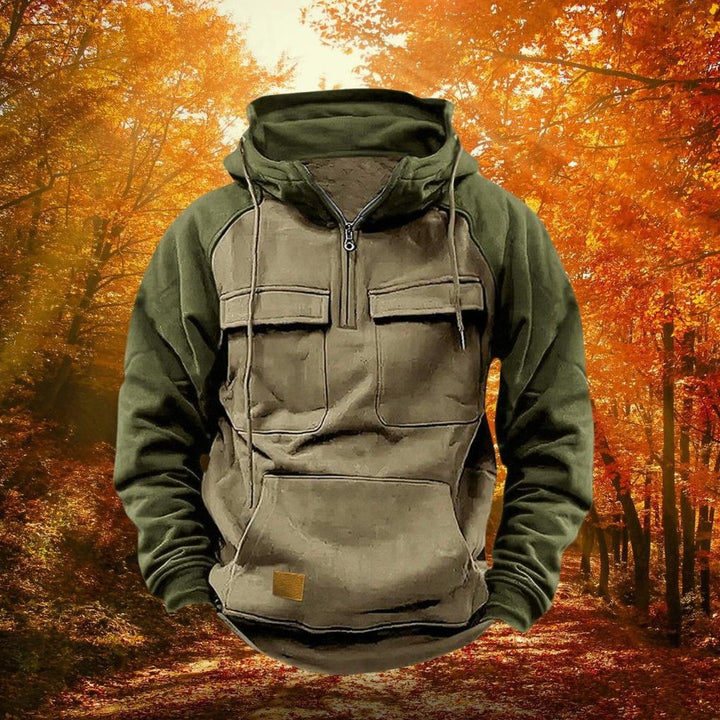 Colour-Block Quarter-Zip Hoodie with Flap Pockets