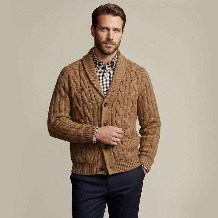 Braided Cable Shawl Collar Cardigan with Patch Pockets