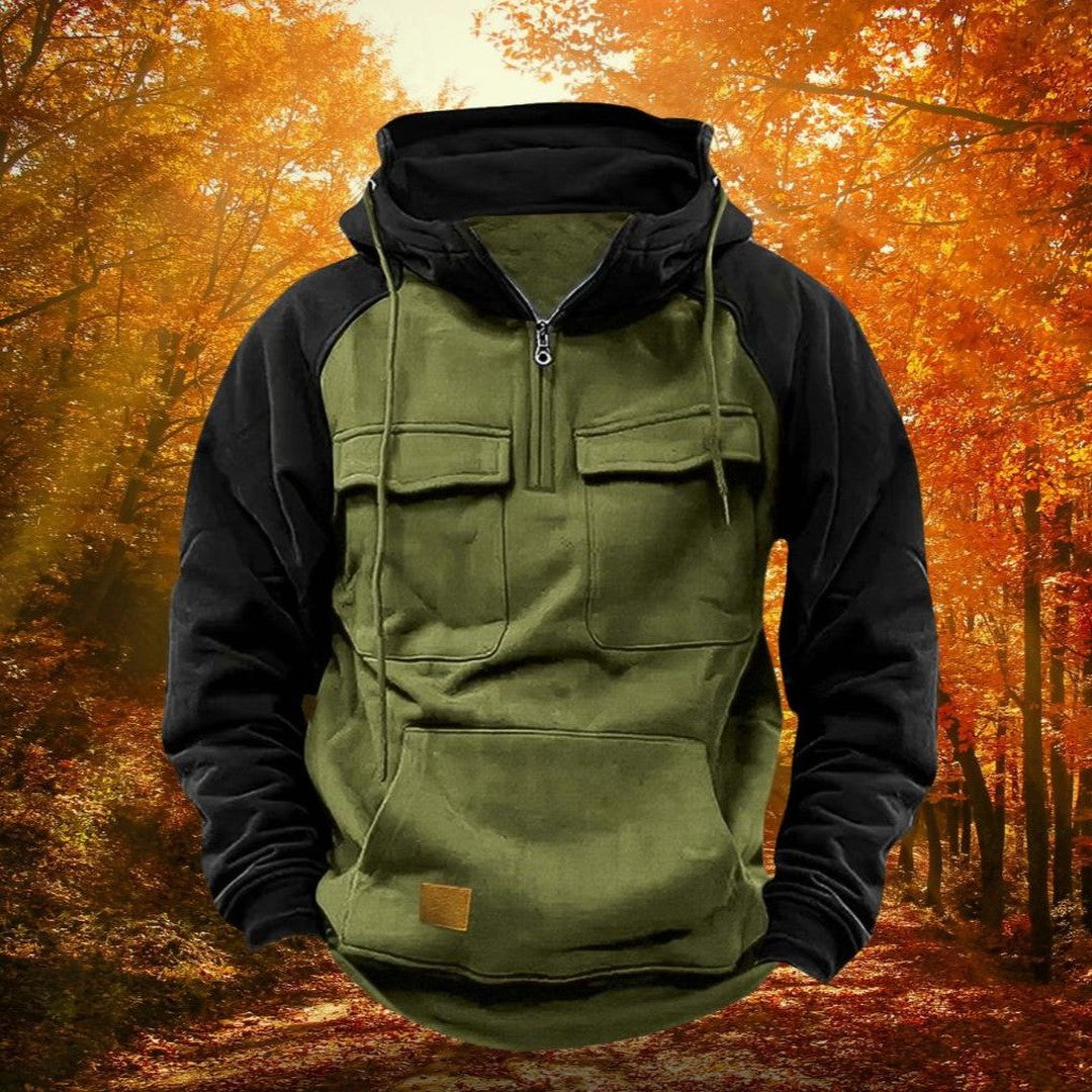Colour-Block Quarter-Zip Hoodie with Flap Pockets