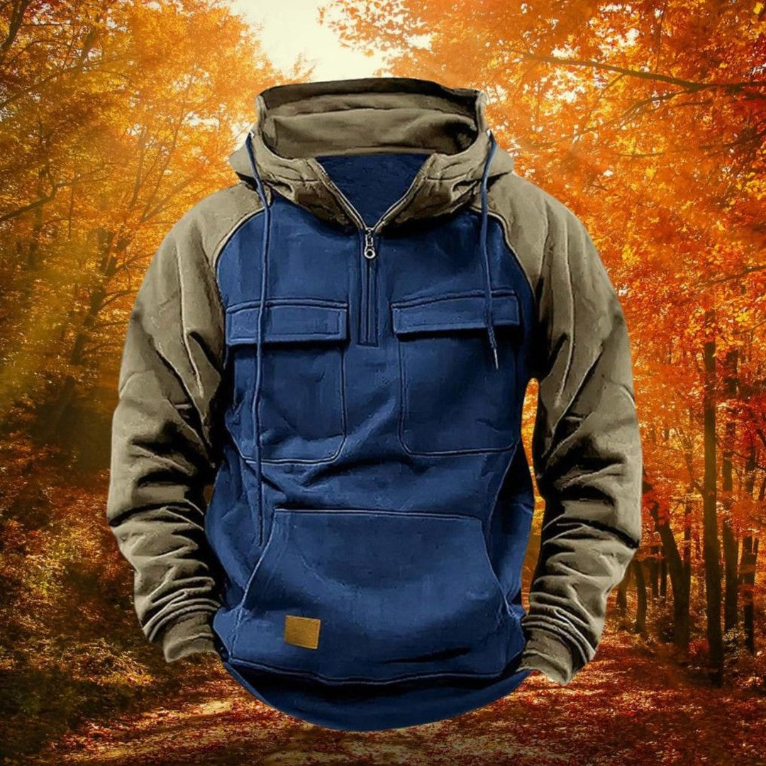 Colour-Block Quarter-Zip Hoodie with Flap Pockets