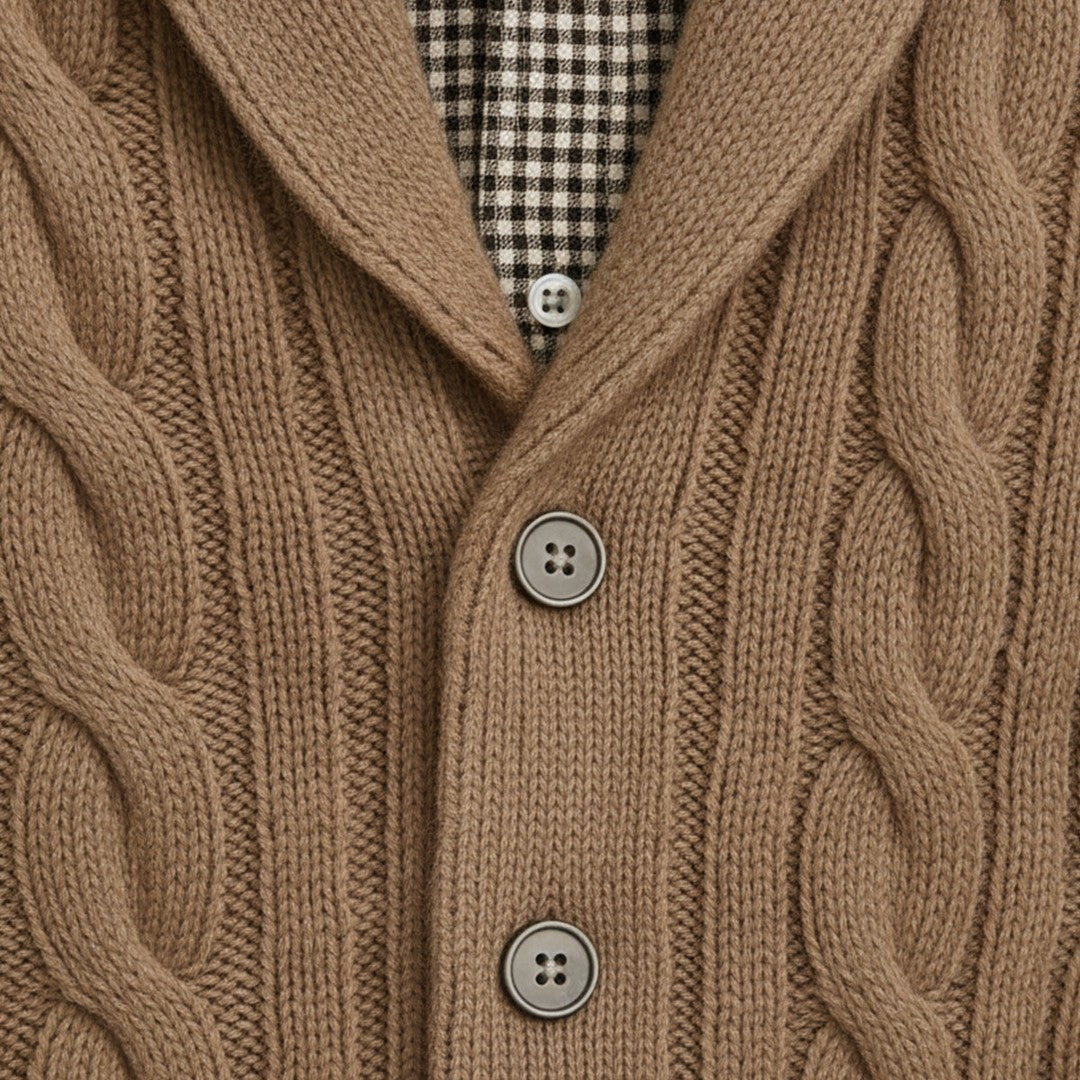 Braided Cable Shawl Collar Cardigan with Patch Pockets