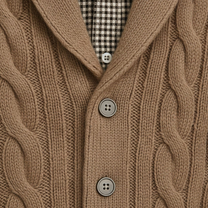 Braided Cable Shawl Collar Cardigan with Patch Pockets