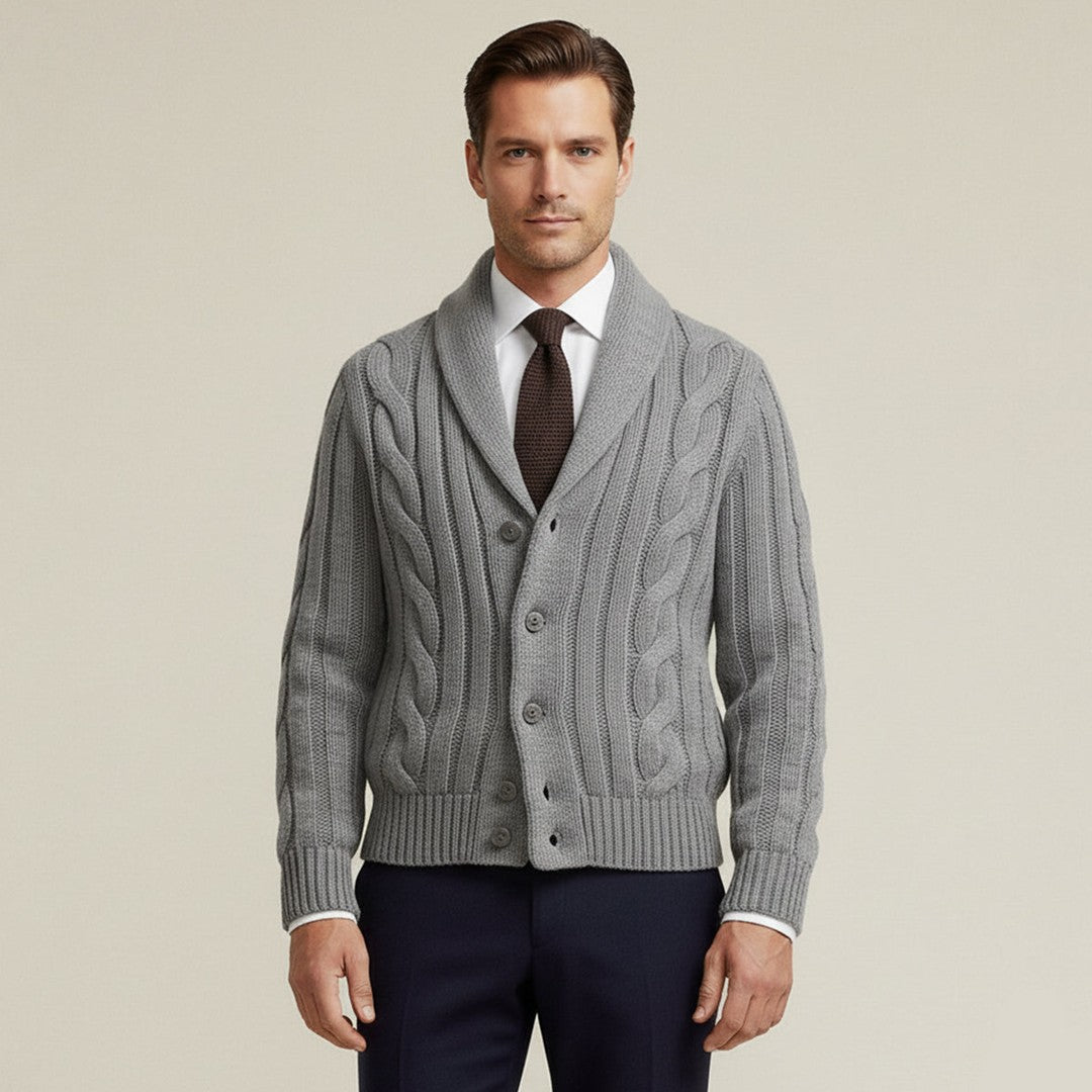 Braided Cable Shawl Collar Cardigan with Patch Pockets