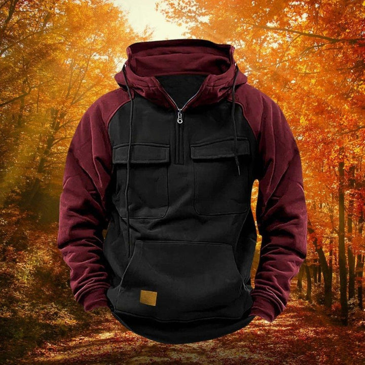 Colour-Block Quarter-Zip Hoodie with Flap Pockets
