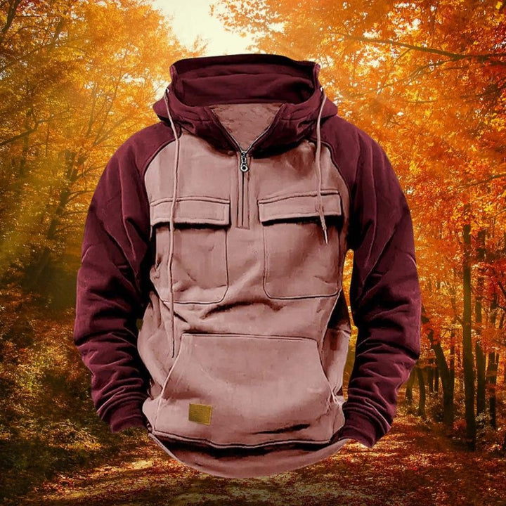 Colour-Block Quarter-Zip Hoodie with Flap Pockets