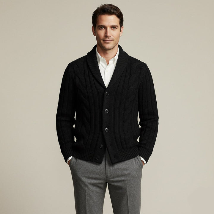 Braided Cable Shawl Collar Cardigan with Patch Pockets