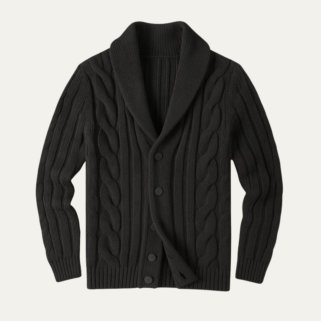 Braided Cable Shawl Collar Cardigan with Patch Pockets