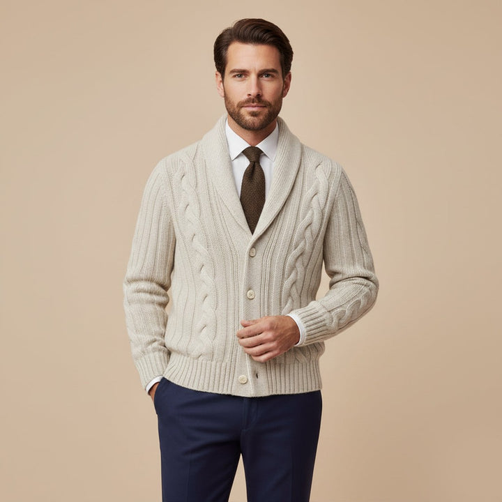 Braided Cable Shawl Collar Cardigan with Patch Pockets