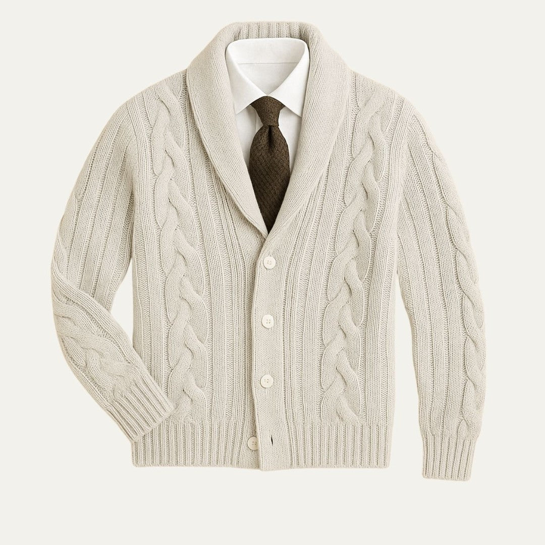 Braided Cable Shawl Collar Cardigan with Patch Pockets