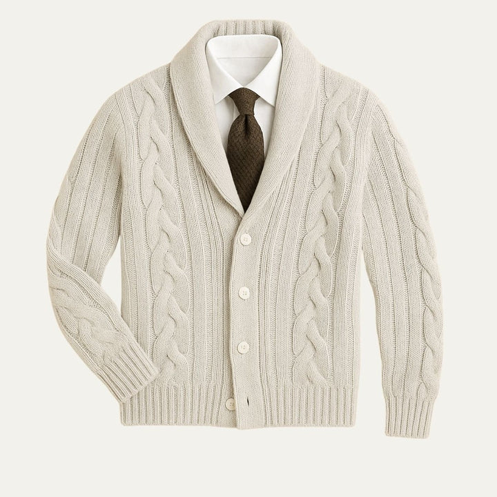 Braided Cable Shawl Collar Cardigan with Patch Pockets