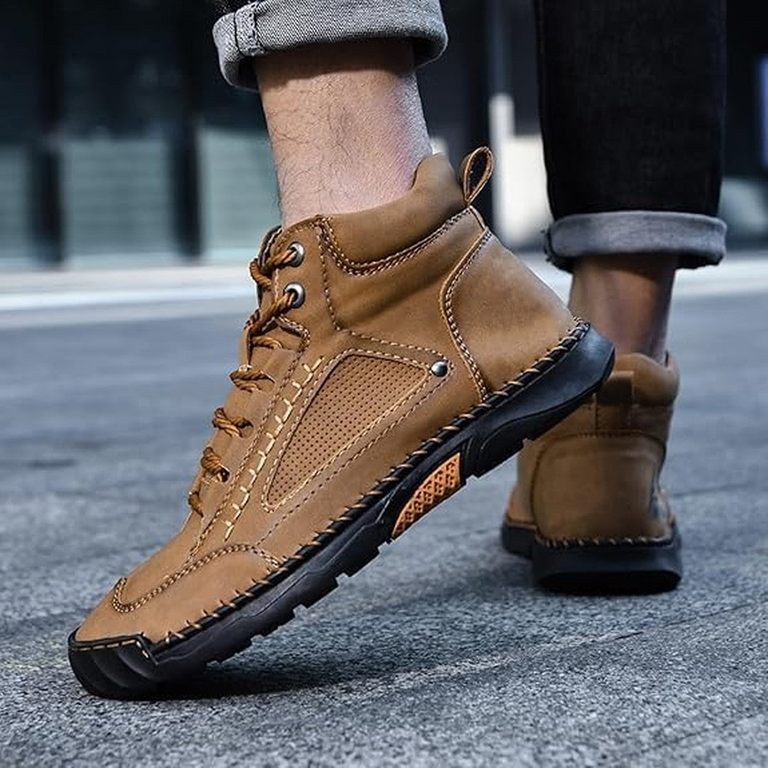 Panelled utility lace-up boot, side profile view