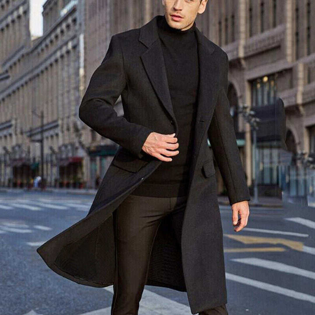 Pennington Row - Wool-Look Long Overcoat Single-Breasted Notch Lapel Flap Pockets