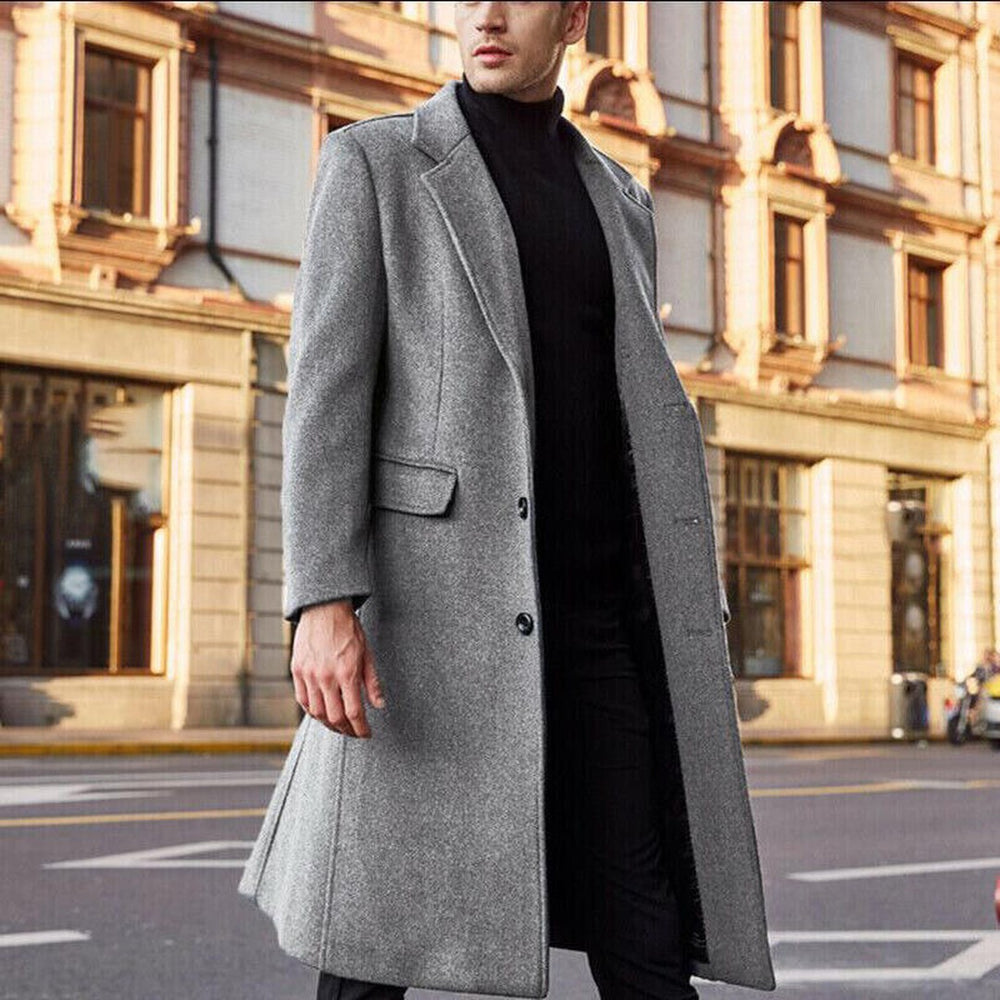 Pennington Row - Wool-Look Long Overcoat Single-Breasted Notch Lapel Flap Pockets