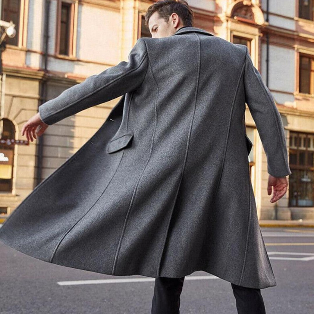 Pennington Row - Wool-Look Long Overcoat Single-Breasted Notch Lapel Flap Pockets