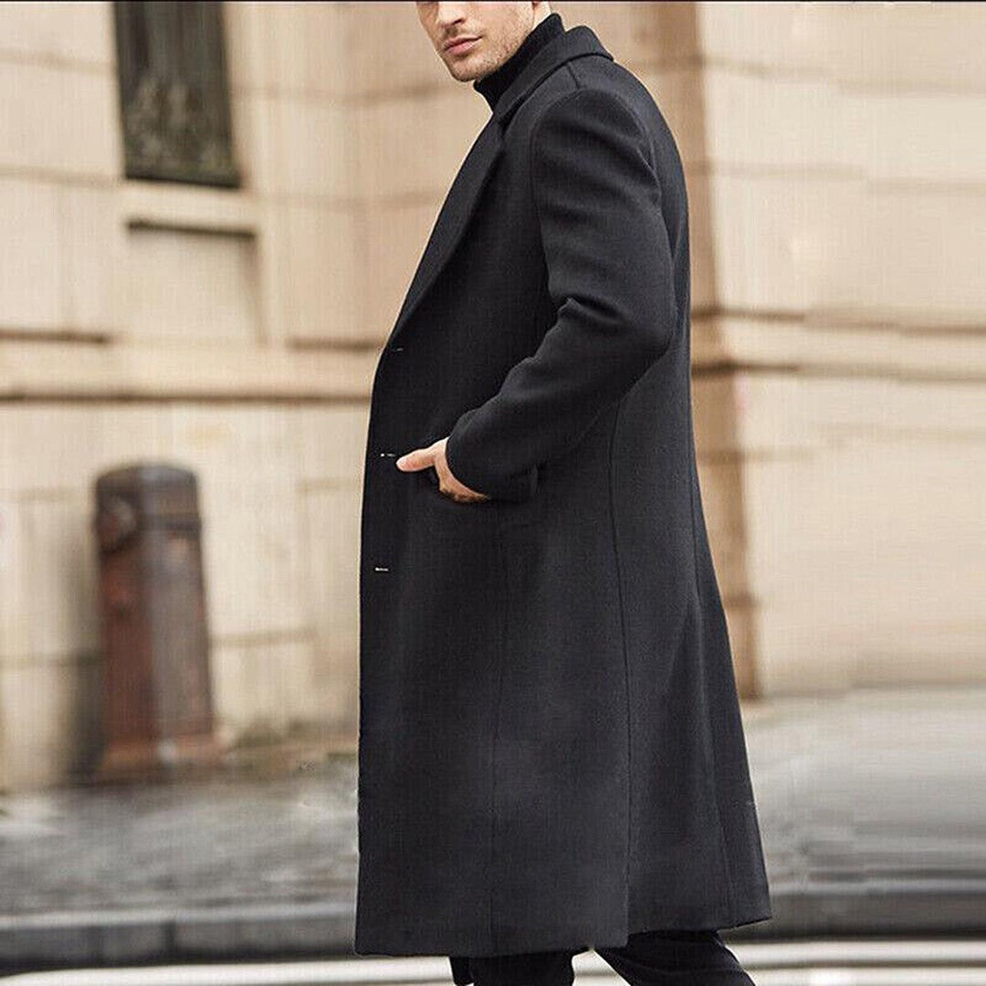 Pennington Row - Wool-Look Long Overcoat Single-Breasted Notch Lapel Flap Pockets