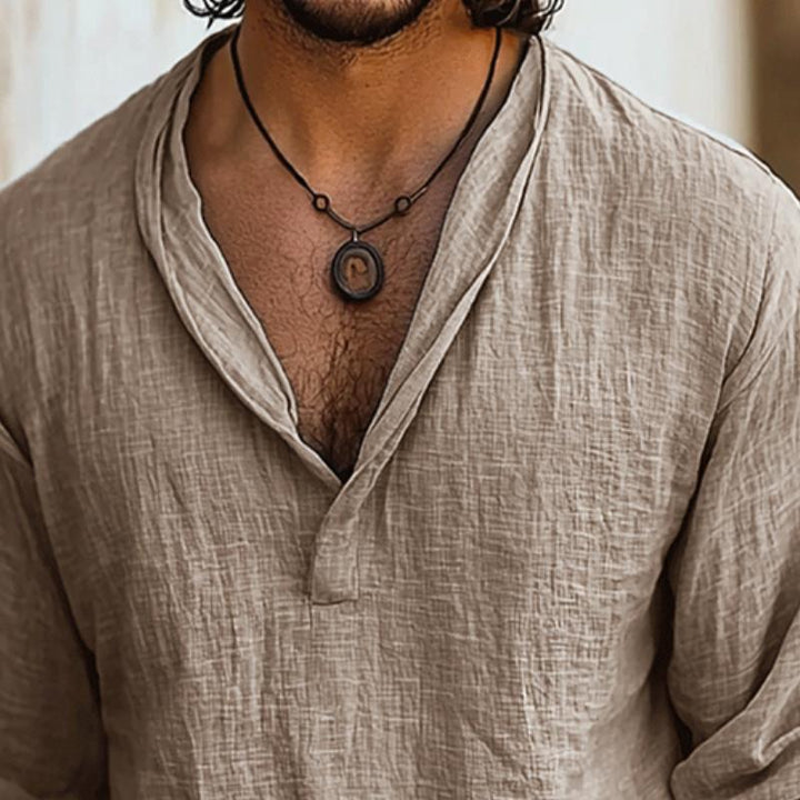 V-Neck Linen-Look Henley Shirt