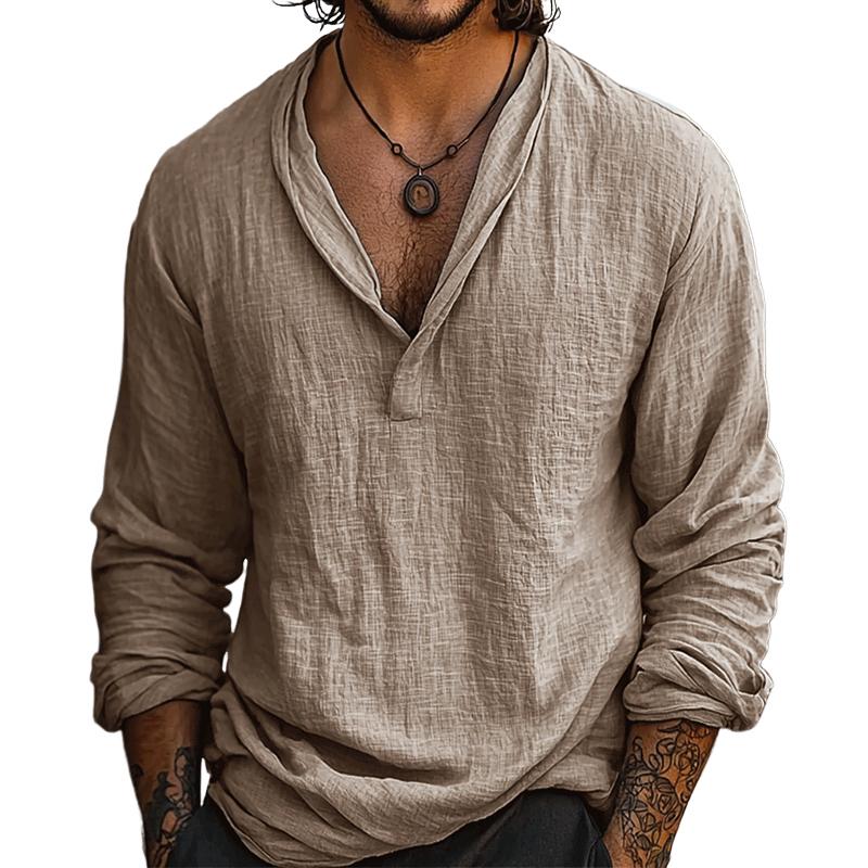 V-Neck Linen-Look Henley Shirt
