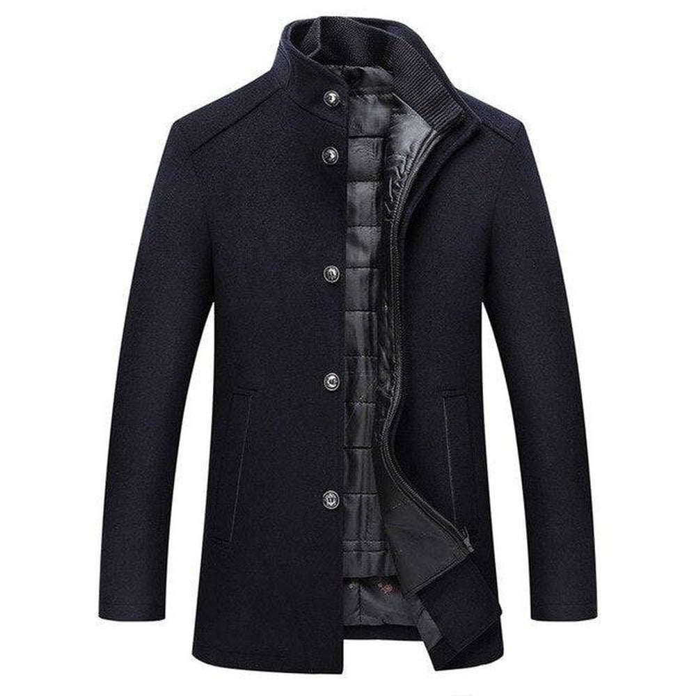 Single-Breasted Mandarin Collar Coat - Navy Blue