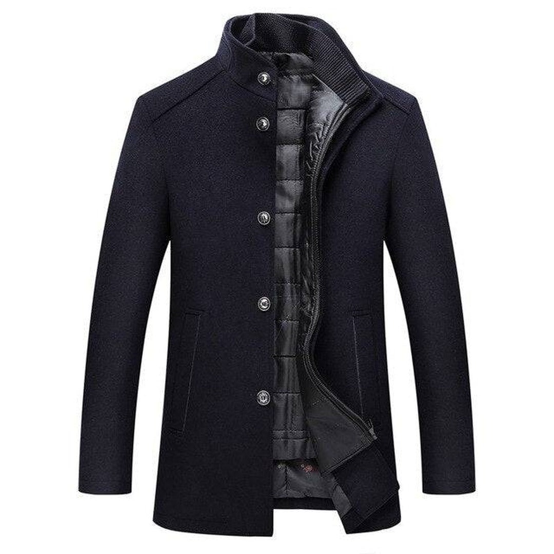 Single-Breasted Mandarin Collar Coat - Navy Blue