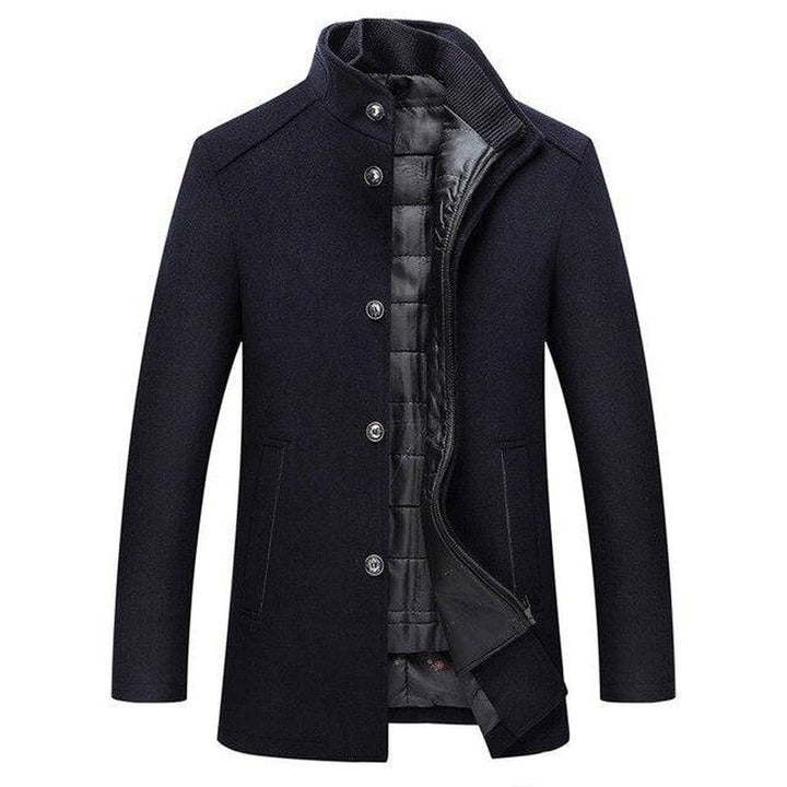 Single-Breasted Mandarin Collar Coat - Navy Blue