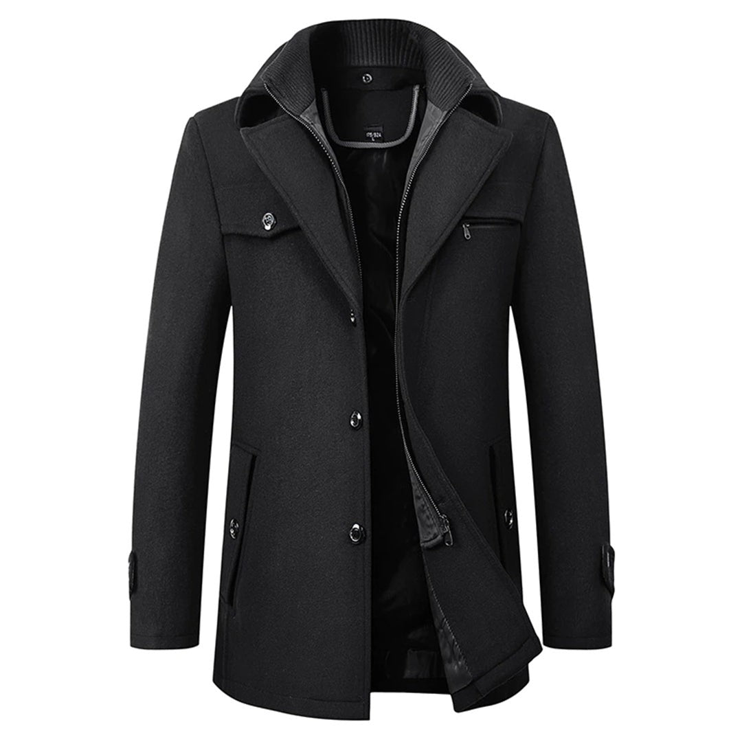 Ravensworth - Wool-Look Mid-Length Coat Zip-In Knit Collar Button Front Chest Pocket