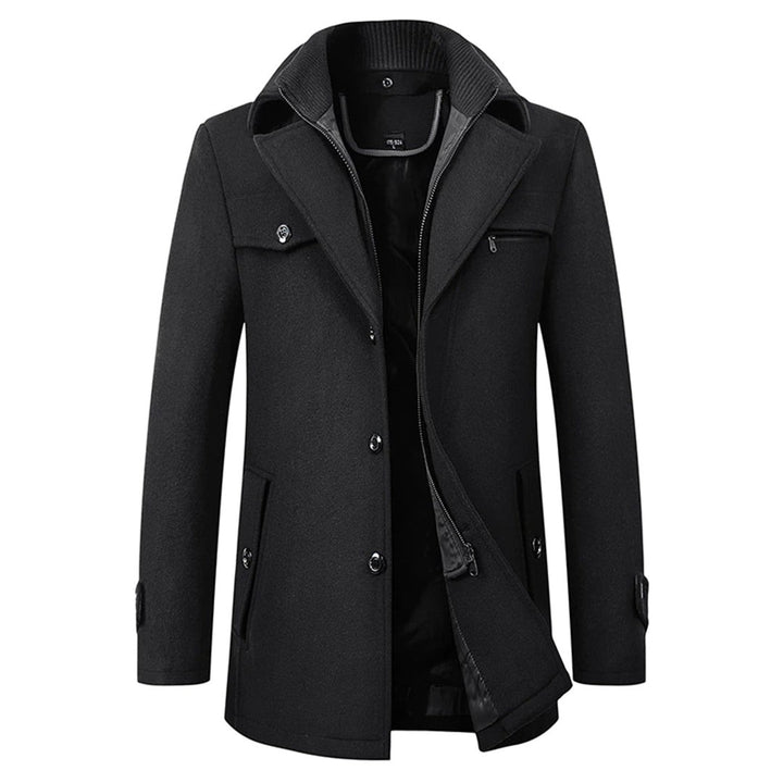 Ravensworth - Wool-Look Mid-Length Coat Zip-In Knit Collar Button Front Chest Pocket