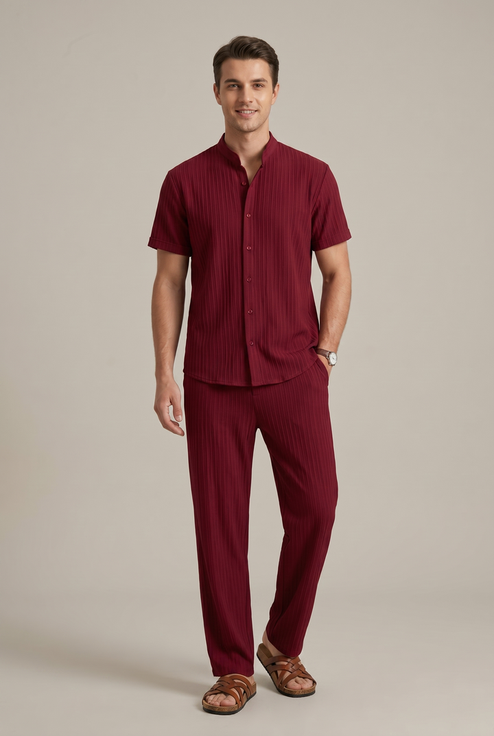 Striped Collared Shirt and Drawstring Trousers Set
