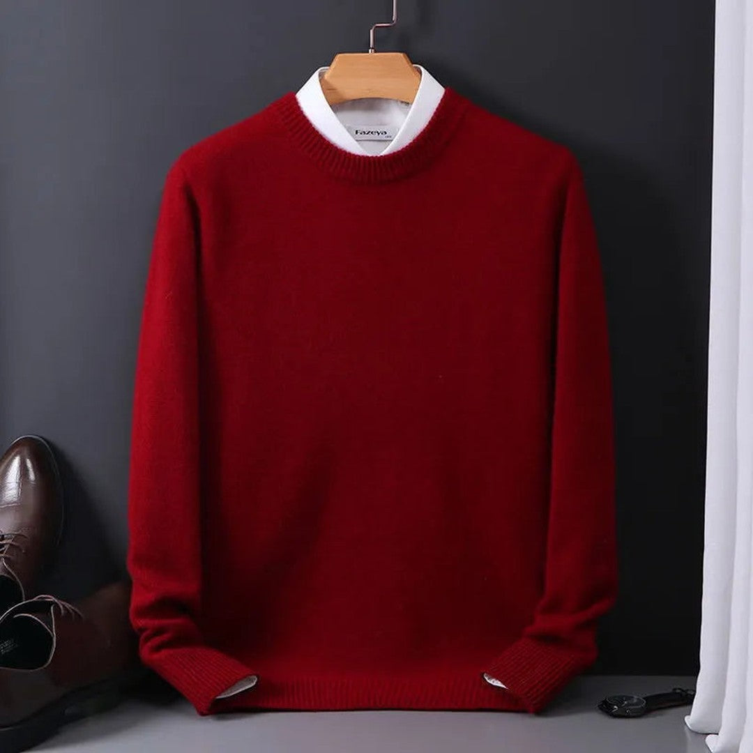Ribbed cuff crew neck sweater shown in red