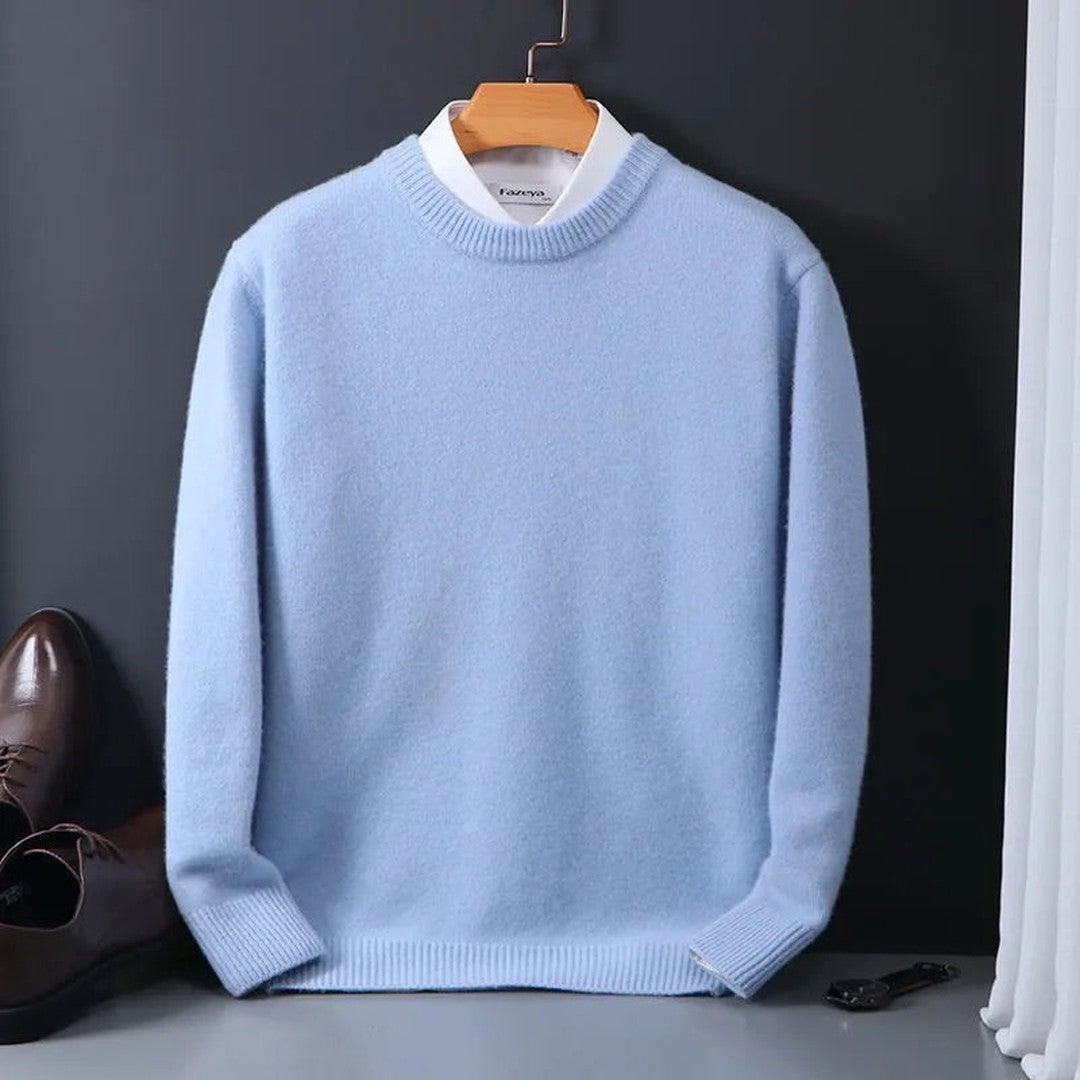 Ribbed cuff crew neck sweater shown in light blue