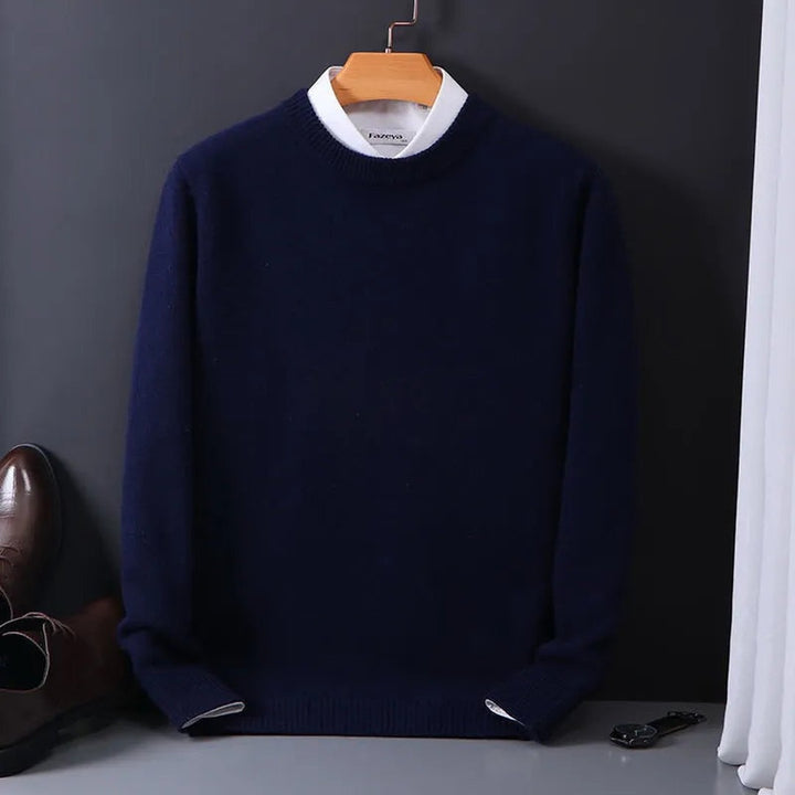 Ribbed cuff crew neck sweater shown in navy blue