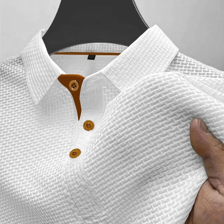Ribbed trim textured knit polo shown in white