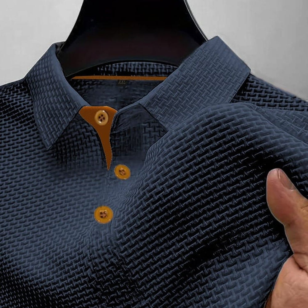 Ribbed trim textured knit polo shown in navy blue