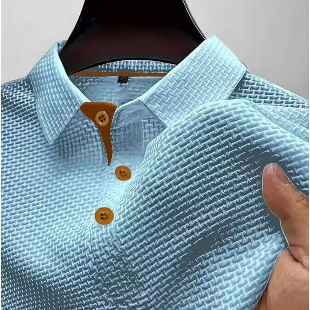 Ribbed trim textured knit polo shown in light blue