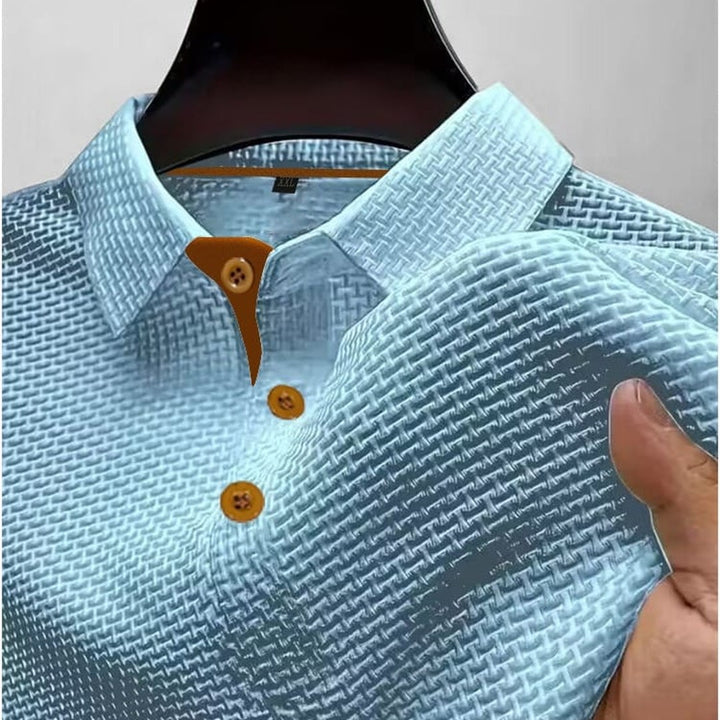 Ribbed trim textured knit polo shown in light blue