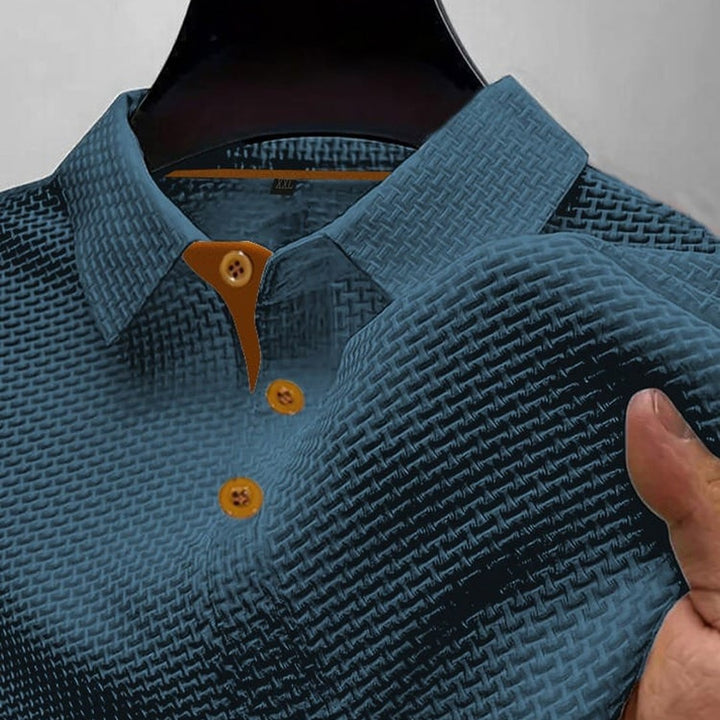 Ribbed trim textured knit polo shown in blue