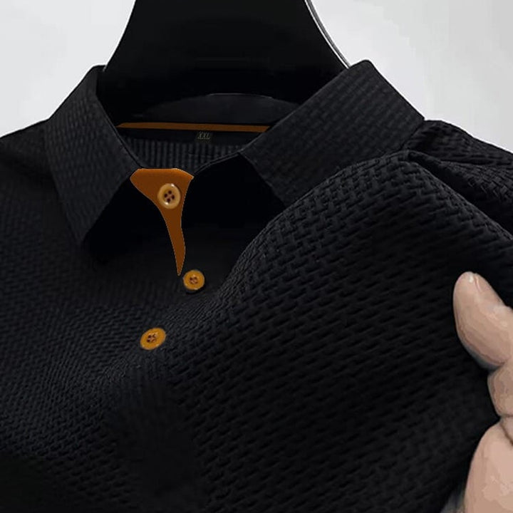 Ribbed trim textured knit polo shown in black