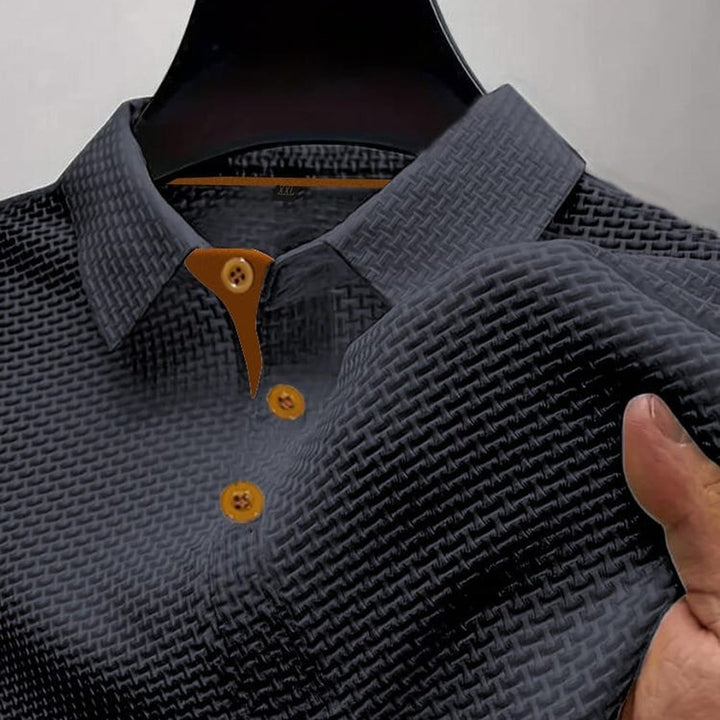 Ribbed trim textured knit polo shown in dark grey