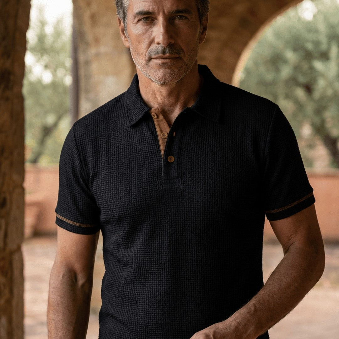 Ribbed trim textured knit polo, collar detail view