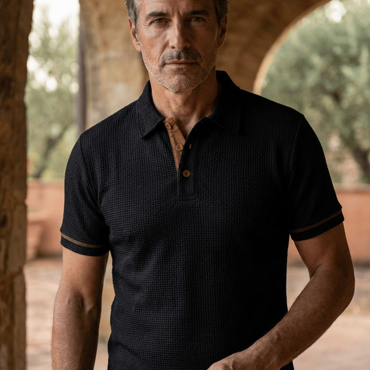 Ribbed trim textured knit polo, collar detail view