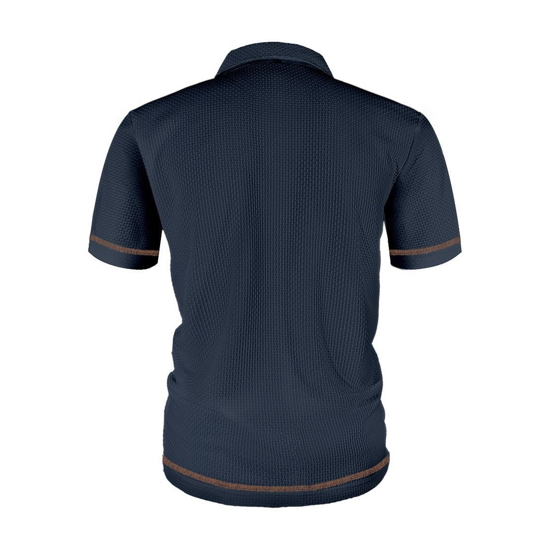 Ribbed trim textured knit polo, sleeve trim close-up