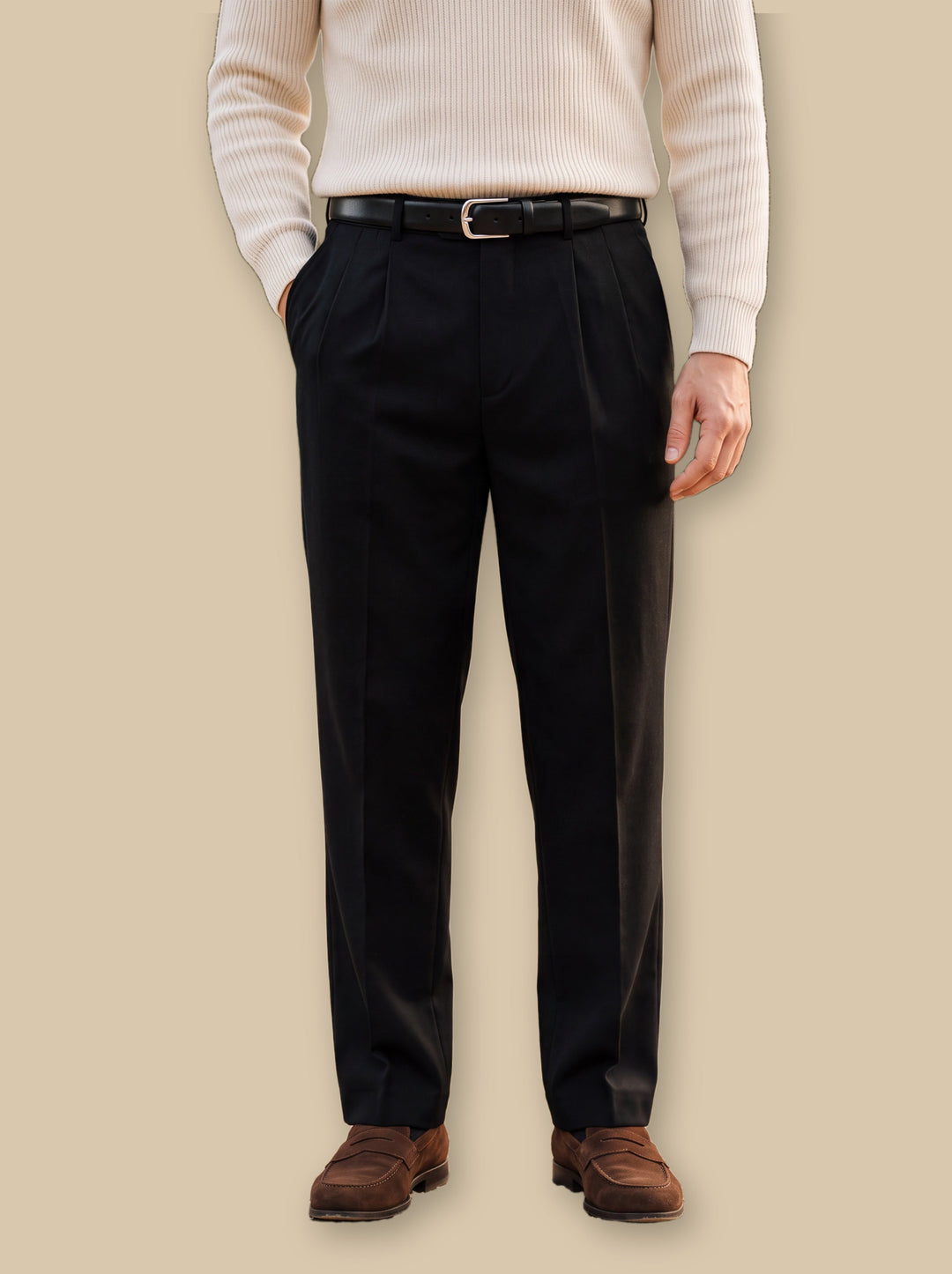 Straight Leg Cotton Pleated Pants with High Waist