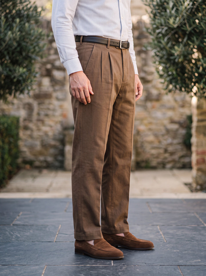 Straight Leg Cotton Pleated Pants with High Waist
