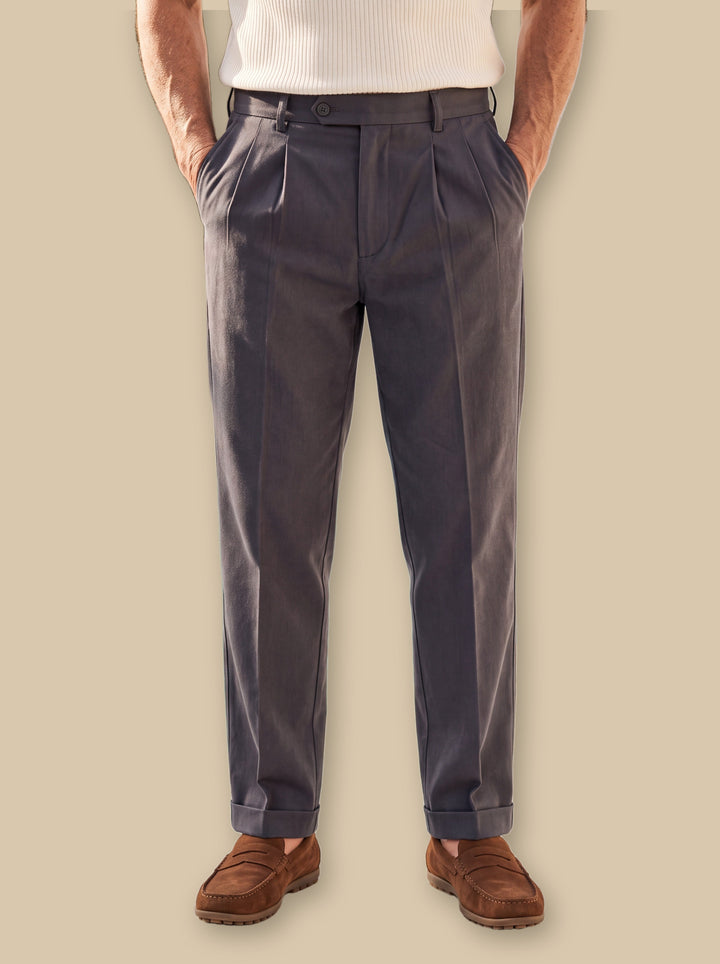 Straight Leg Cotton Pleated Pants with High Waist