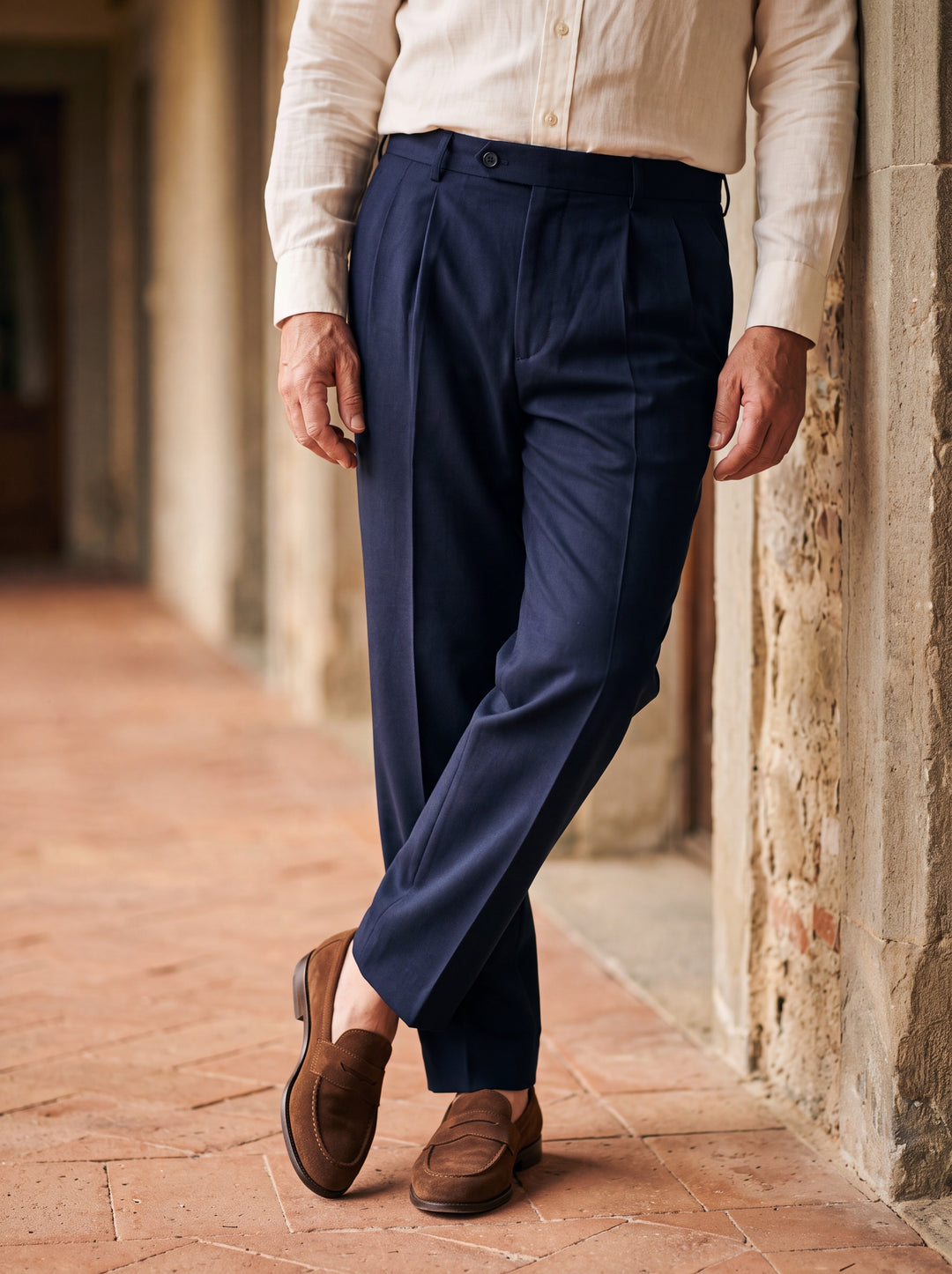 Straight Leg Cotton Pleated Pants with High Waist