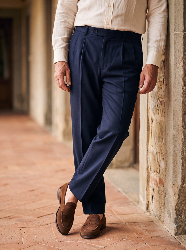 Straight Leg Cotton Pleated Pants with High Waist