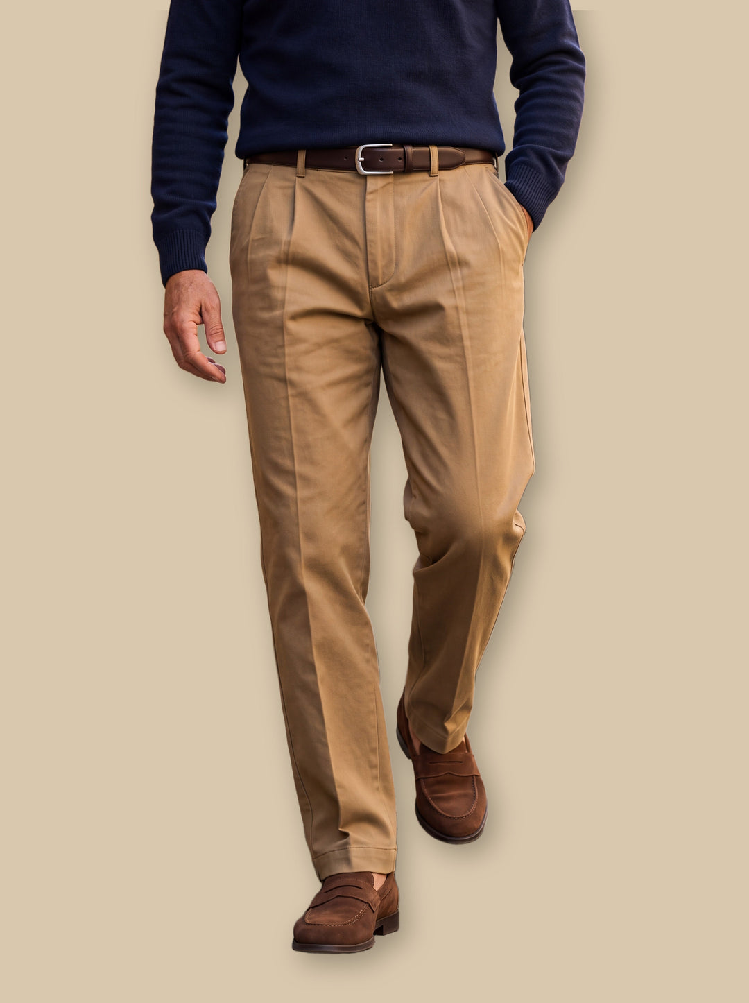 Straight Leg Cotton Pleated Pants with High Waist