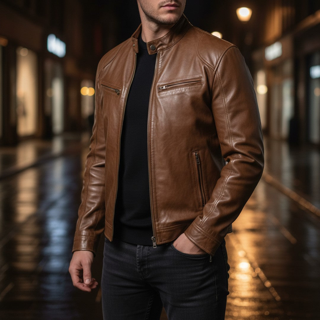 Slim fit leather-look jacket, front styled view